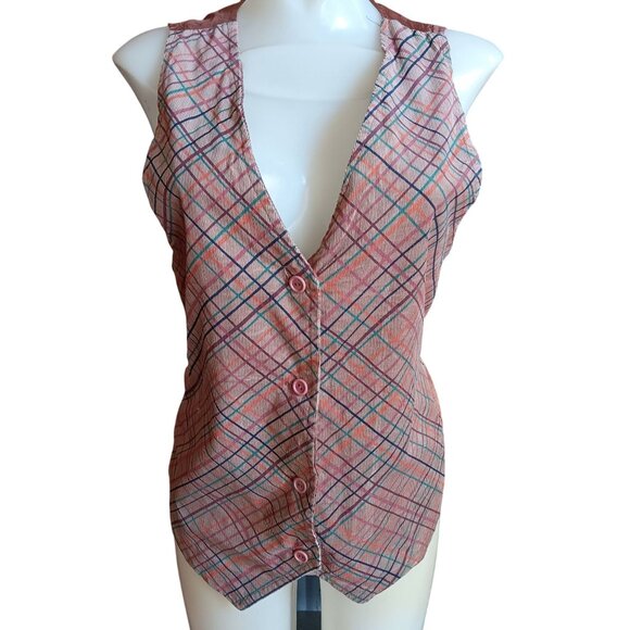 Medium Vintage Boho Corduroy Vest Plaid Satin Tie Back 1970's Pastel Stripes USA - Picture 1 of 7